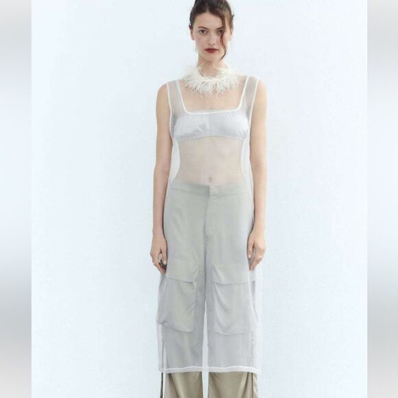 ZARA Blogger Favorite ORGANZA MIDI DRESS Sheer Boho Cover Up Shirt - Picture 5 of 8